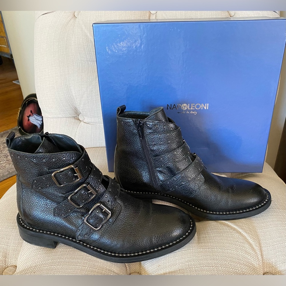 Napoleoni Leather Studded Buckle Moto Boots, Sz 38